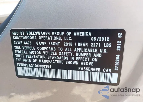 2013 Volkswagen Passat 2.5L Se из США, поврежденный, VIN 1VWBP7A31DC000354